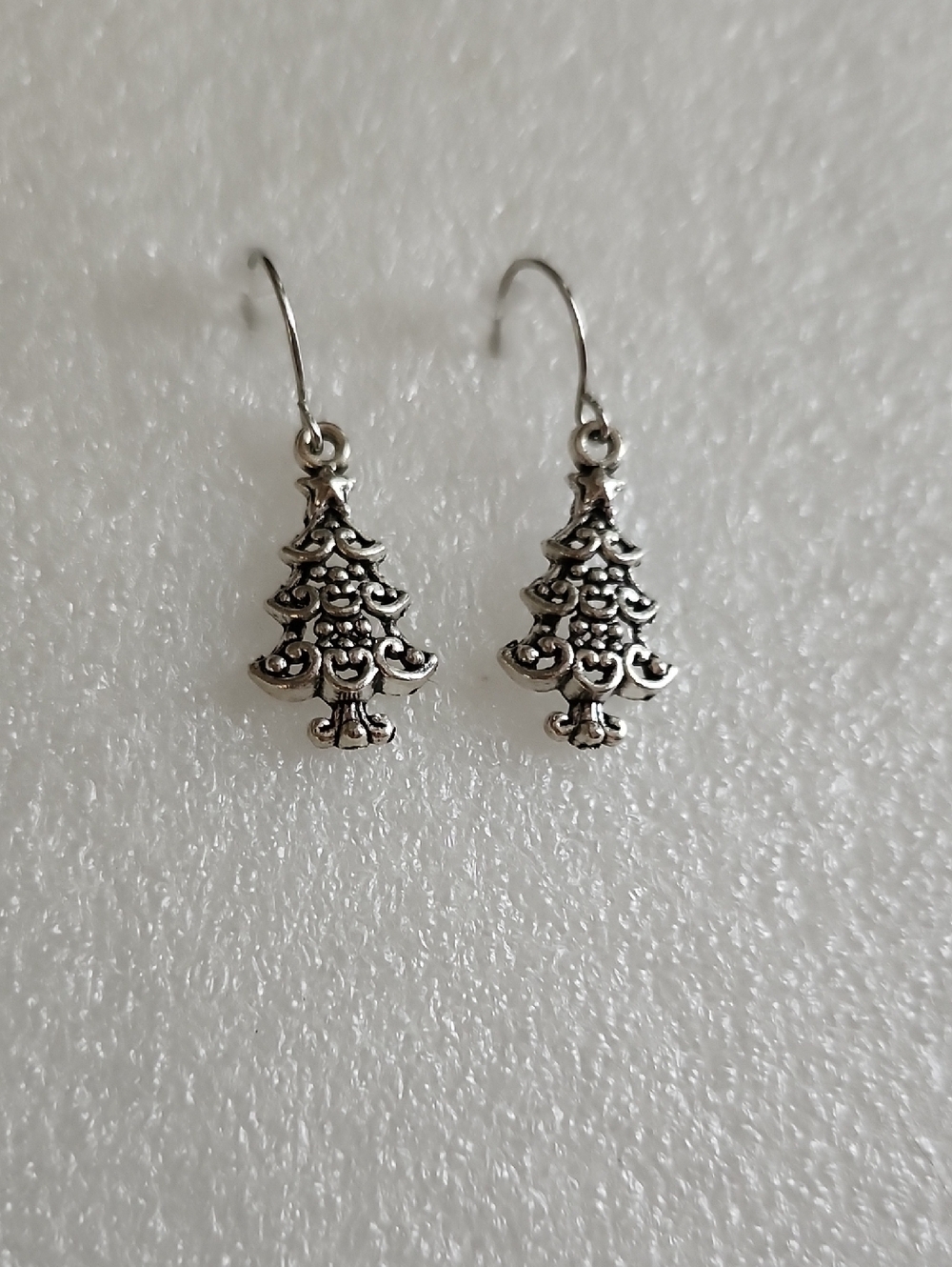 Hand Crafted Silver-Tone Christmas Tree Drop Earrings